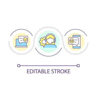 Telefon döngüsü konsepti simgesi hakkında geri bildirim isteyin. Müşteri ifadeleri, soyut fikirler, ince çizgi çizimleri topluyorum. Sohbet etmek. İzole bir taslak çizim. Düzenlenebilir felç. Kullanılan Arial yazı tipi