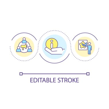 Yeni döngü konsepti ikonu duyuruluyor. Müşterileri ürün güncellemeleri, soyut fikir ince çizgi çizimleri hakkında bilgilendirin. Terfi bildirimi. İzole bir taslak çizim. Düzenlenebilir felç. Kullanılan Arial yazı tipi