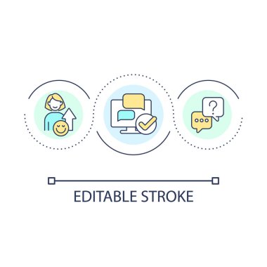 Müşteri döngü konsepti ikonu ile etkili iletişim. Müşteri sadakatini soyut fikir ince çizgi çizimini arttır. Tüketici alımı. İzole bir taslak çizim. Düzenlenebilir felç. Kullanılan Arial yazı tipi