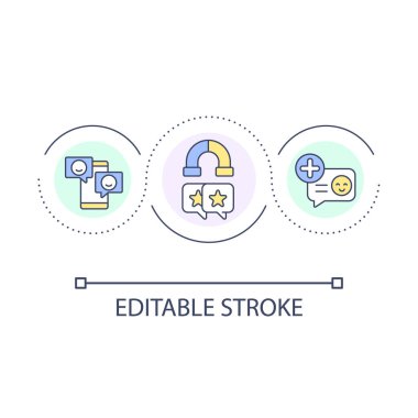 Sosyal medya incelemeleri döngüsü konsept simgesini topla. Çevrimiçi geri bildirim topluyorum soyut fikir ince çizgi çizimi. Platformu gözden geçiriyorum. İzole bir taslak çizim. Düzenlenebilir felç. Kullanılan Arial yazı tipi
