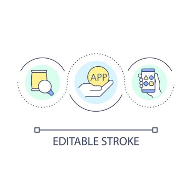 Ürün değerlendirme döngüsü konsepti uygulaması. Çevrimiçi öznitelikleri karşılaştırmak soyut fikir ince çizgi illüstrasyon. Değerlendirme platformu. İzole bir taslak çizim. Düzenlenebilir felç. Kullanılan Arial yazı tipi
