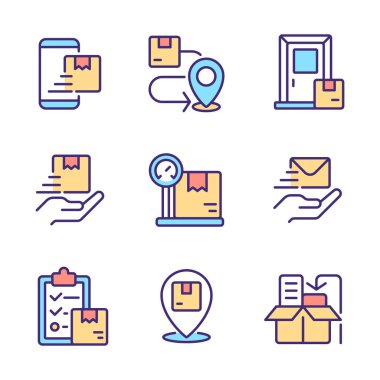 Sipariş yönetimi piksel mükemmel RGB renk simgeleri seti. Teslimat servisi. Paketler nakliye. Lojistik. İnternetten sipariş verin. İzole vektör çizimleri. Basit çizgi çizimleri koleksiyonu. Düzenlenebilir vuruş