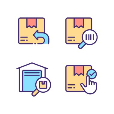 Paketler yönetim piksel mükemmel RGB renk simgeleri seti. Depo. Mal takibi. Dağıtım ve teslimat. İzole vektör çizimleri. Basit çizgi çizimleri koleksiyonu. Düzenlenebilir vuruş