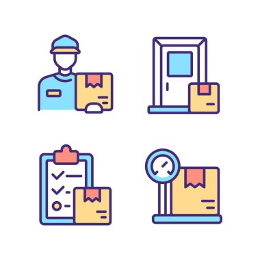 Kurye servisi pikseli mükemmel RGB renk simgeleri ayarlandı. Kapı kapı teslimat planlaması. Paketlerin sevkiyatı. İzole vektör çizimleri. Basit çizgi çizimleri koleksiyonu. Düzenlenebilir vuruş