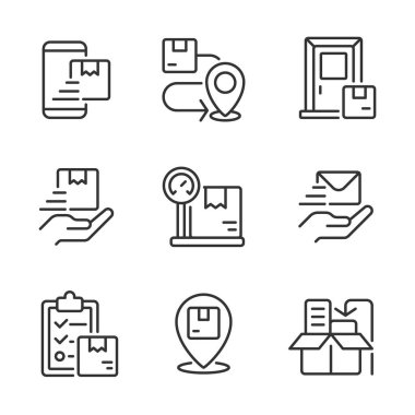 Sipariş yönetimi piksel mükemmel doğrusal simgeler ayarlandı. Teslimat servisi. Paketler nakliye. Lojistik. İnternetten sipariş verin. Özelleştirilebilir ince çizgi sembolleri. İzole vektör çizimi çizimleri. Düzenlenebilir vuruş