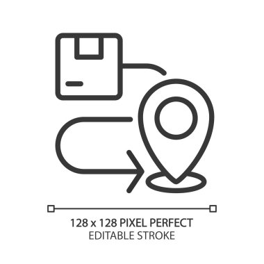 Teslimat güzergahı pikseli mükemmel doğrusal simge. Paket taşıma. Lojistik servisi. Seyrüsefer. İnce çizgili çizim. Contour sembolü. Vektör çizimi. Düzenlenebilir felç. Kullanılan Arial yazı tipi