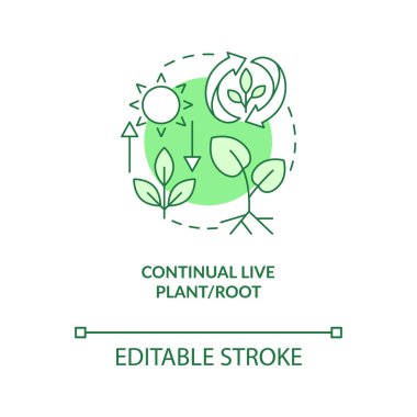 Devamlı canlı bitki ve kök yeşili konsept ikonu. Yenilenme prensibi soyut tarım fikri ince çizgi çizimi. İzole bir taslak çizim. Düzenlenebilir felç. Arial, Myriad Pro-Kalın yazı tipleri