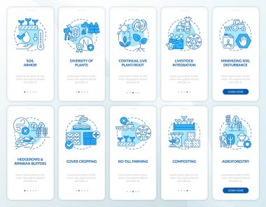 Yenilenme amaçlı tarım mavisi mobil uygulama ekranları kuruldu. Doğrusal kavramlarla düzenlenebilir grafik yönergelerini 5 adımda gezdir. UI, UX, GUI şablonu. Kullanılan sayısız Pro-Kalın, Düzenli yazı tipleri