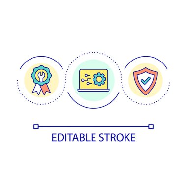 Nitelikli bilgisayar onarım döngüsü konsepti simgesi. Profesyonel ekipman bakımı ve yönetimin soyut fikri ince çizgi çizimi. İzole bir taslak çizim. Düzenlenebilir felç. Kullanılan Arial yazı tipi