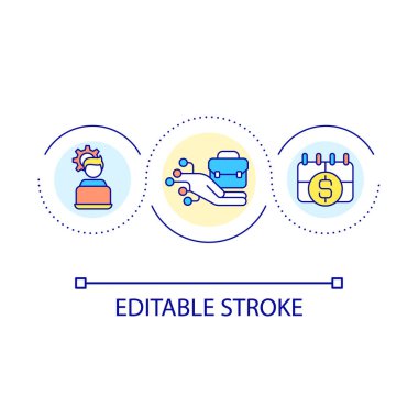 Uzak işveren döngüsü konsepti simgesi. Çalışanlar, uzaktan da olsa soyut bir fikir üzerinde çalışıyorlar. Evde part-time çalışıyorum. Uzak bir iş. İzole bir taslak çizim. Düzenlenebilir felç. Kullanılan Arial yazı tipi