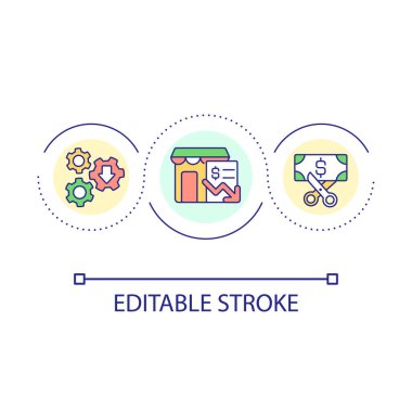 Perakende döngü konsept simgesinde işletim maliyetlerinin azaltılması. Masrafları azaltmak soyut fikir ince çizgi çizimi. Suçlamaları en aza indiriyorum. İzole bir taslak çizim. Düzenlenebilir felç. Kullanılan Arial yazı tipi