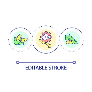 Karbondioksit döngüsü konsept ikonunu azalt. Sürdürülebilir tarım sektörü soyut fikir ince çizgi çizimi. Tarım sektöründe değişiklikler. İzole bir taslak çizim. Düzenlenebilir felç. Kullanılan Arial yazı tipi