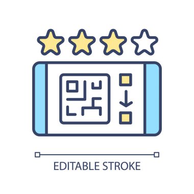 QR Kodu RGB renk simgesi ile gözden geçirme çevrimiçi bırakılıyor. Uygulama performansı puanı. Reytingler ve geri bildirimler. İzole vektör çizimi. Basit bir çizgi çizimi. Düzenlenebilir felç. Kullanılan Arial yazı tipi