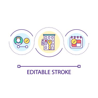 Kiralık daire konsepti ikonu. Kira süresi. Apartman dairesi kiralamak ince çizgi çizimi. Kiracıyım. Aylık ödeme. İzole bir taslak çizim. Düzenlenebilir felç. Kullanılan Arial yazı tipi