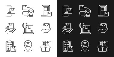 Karanlık, aydınlık mod için ayarlanmış temalar için mükemmel beyaz doğrusal simge sipariş eder. Teslimat servisi. Gece ve gündüz teması için ince çizgi sembolleri. İzole çizimler. Düzenlenebilir vuruş