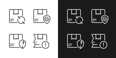 Karanlık, aydınlık mod için ayarlanmış temalar için mükemmel beyaz renk ikonu dağıtımı ve dağıtım özellikleri. Paket hasarı. Gece ve gündüz teması için ince çizgi sembolleri. İzole çizimler. Düzenlenebilir vuruş