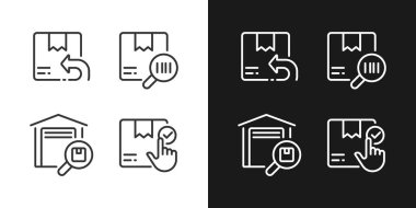 Karanlık, aydınlık mod için ayarlanmış temalar için mükemmel beyaz doğrusal simge oluşturur. Mal takibi. Gece ve gündüz teması için ince çizgi sembolleri. İzole çizimler. Düzenlenebilir vuruş