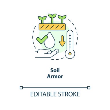 Toprak zırh konsepti ikonu. Koruyucu çöp tabakası. Yenilenme prensibi soyut tarım fikri ince çizgi çizimi. İzole bir taslak çizim. Düzenlenebilir felç. Arial, Myriad Pro-Kalın yazı tipleri
