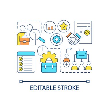 Bağımsız yüklenici anlaşma konsepti ikonu. Yeni sözleşmeli işçi işe almak soyut fikir ince çizgili illüstrasyon. Serbest ortaklıklar. İzole bir taslak çizim. Düzenlenebilir felç. Kullanılan Arial yazı tipi