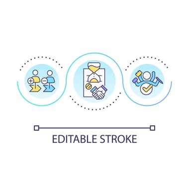 Sabit dönem iş sözleşmesi döngü konsepti ikonu. Serbest çalışan, soyut ve ince çizgili çizgilerle yapılan anlaşma. Geçici çalışanım. İzole bir taslak çizim. Düzenlenebilir felç. Kullanılan Arial yazı tipi