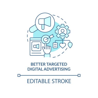 Daha iyi hedeflenmiş dijital reklam mavi konsept ikonu. Piyasa segmentasyonu fikri soyut, ince çizgi çizimi. İzole bir taslak çizim. Düzenlenebilir felç. Arial, Myriad Pro-Kalın yazı tipleri