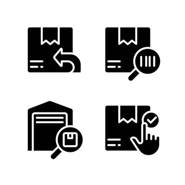 Paketler yönetim siyah kabartma simgeleri beyaz boşluğa ayarlandı. Depo. Mal takibi. Dağıtım ve teslimat. Siluet sembolleri. Sağlam bir piktogram paketi. Vektör izole illüstrasyonu