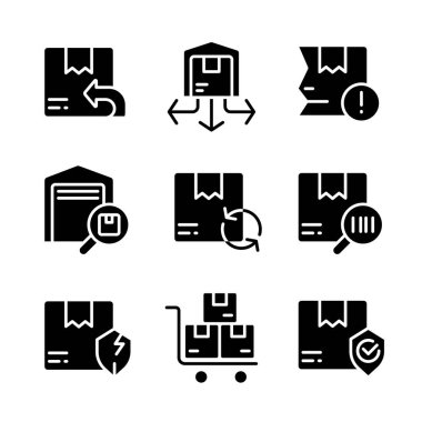 Lojistik siyah sembol beyaz uzaya ayarlandı. Paket yönetimi. Dağıtım emri. Teslimat. Depo. Siluet sembolleri. Sağlam bir piktogram paketi. Vektör izole illüstrasyonu
