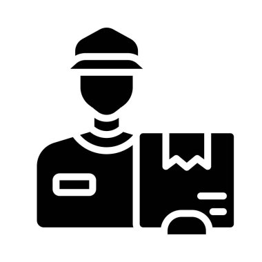 Kurye teslimatı siyah kabartma simgesi. Kapıdan kapıya paket teslim et. Hızlı sevkiyat. Postacı. Nakliye servisi. Beyaz uzayda siluet sembolü. Piktogram sağlammış. Vektör izole illüstrasyonu