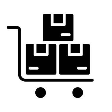 Teslimat arabası siyah sembol. Depo ekipmanları. Paketler ve mal taşımacılığı. Depo yönetimi. Beyaz uzayda siluet sembolü. Piktogram sağlammış. Vektör izole illüstrasyonu