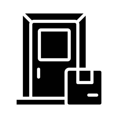 Kapıdan kapıya dağıtım simgesi. Kurye servisi. Sevkiyat. Müşteri evine paket taşıma. Beyaz uzayda siluet sembolü. Piktogram sağlammış. Vektör izole illüstrasyonu