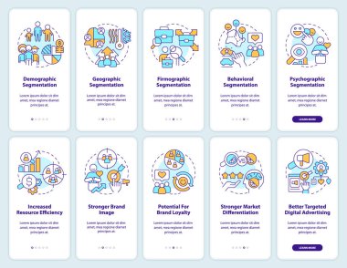 Mobil uygulama ekranında pazar segmentasyonu. Doğrusal kavramlarla düzenlenebilir grafik yönergelerini 5 adımda gezdir. UI, UX, GUI şablonu. Kullanılan sayısız Pro-Kalın, Düzenli yazı tipleri
