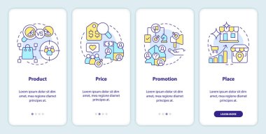 Mobil uygulama ekranında dört P-pazarlama karışımı. Doğrusal kavramlarla düzenlenebilir grafik yönergelerini dört adımda gözden geçir. UI, UX, GUI şablonu. Kullanılan sayısız Pro-Kalın, Düzenli yazı tipleri