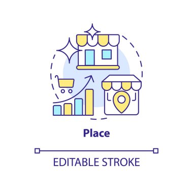 Konsept simgesi yerleştir. Satış optimizasyonu. Depo yeri. Dört P-pazarlama karışımı soyut fikir ince çizgi çizimi. İzole bir taslak çizim. Düzenlenebilir felç. Arial, Myriad Pro-Kalın yazı tipleri