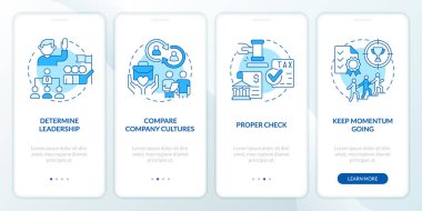 Küçük işletme birleşme rehberi mavi mobil uygulama ekranında. Doğrusal kavramlarla düzenlenebilir grafik yönergelerini dört adımda gözden geçir. UI, UX, GUI şablonu. Kullanılan sayısız Pro-Kalın, Düzenli yazı tipleri