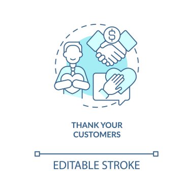 Müşterilerine mavi konsept ikonu için teşekkür et. Minnettarlığını göster. Fiyatları yükseltme taktiği soyut fikir ince çizgi çizimi. İzole bir taslak çizim. Düzenlenebilir felç. Arial, Myriad Pro-Kalın yazı tipleri