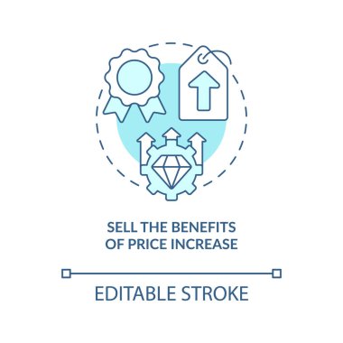 Fiyat artışının faydaları mavi konsept ikonu satar. Fiyatları yükselt ve müşterileri soyut ve ince çizgili çizgiler halinde tut. İzole bir taslak çizim. Düzenlenebilir felç. Arial, Myriad Pro-Kalın yazı tipleri