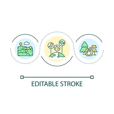 Biyolojik çeşitlilik döngü konsepti simgesi. Vahşi yaşamı koruma. Flora ve Fauna. Türlerin çeşitliliği soyut fikir ince çizgi çizimi. İzole bir taslak çizim. Düzenlenebilir felç. Kullanılan Arial yazı tipi