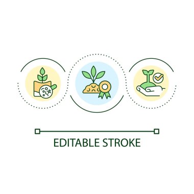 Yüksek kaliteli toprak döngü konsepti ikonu. Sağlıklı zemin. Mükemmellik rozeti. Büyüyen bitkiler soyut fikirler ince çizgi çizimleri. İzole bir taslak çizim. Düzenlenebilir felç. Kullanılan Arial yazı tipi