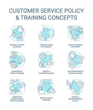 Müşteri hizmetleri politikası ve eğitim turkuaz konsept simgeleri ayarlandı. Şirket yararları ince çizgi renk çizimleri fikri. İzole semboller. Düzenlenebilir felç. Robo- Medium, Myriad Pro-Kalın yazı tipleri kullan