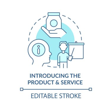 Ürün ve servis turkuaz konsept ikonu tanıtılıyor. Yeni çalışan alımı, soyut fikir incelenmesi üzerine eğitim veriyor. İzole bir taslak çizim. Düzenlenebilir felç. Arial, Myriad Pro-Kalın yazı tipleri
