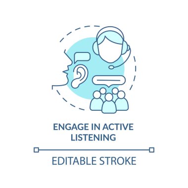 Etkin dinleme turkuaz konsept simgesi. Müşteri hizmetleri temsilcisini ara. Soyut fikir ince çizgi çizimi. İzole bir taslak çizim. Düzenlenebilir felç. Arial, Myriad Pro-Kalın yazı tipleri