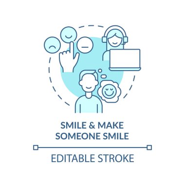 Birilerini turkuaz konsept ikonu yap. Müşteri hizmetlerinde olumlu tutum soyut fikir ince çizgi çizimi. İzole bir taslak çizim. Düzenlenebilir felç. Arial, Myriad Pro-Kalın yazı tipleri