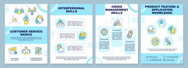 Müşteri hizmetleri temel mavi broşür şürü. Çizgisel simgeli broşür tasarımı. Sunum için düzenlenebilir 4 vektör düzeni, yıllık raporlar. Arial-Black, Kullanılan Myriad Pro-Normal yazı tipleri
