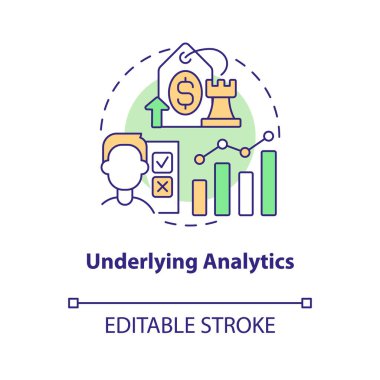 Altında yatan analitik konsept ikonu. Temel veri analizi. Fiyat testi anahtar faktörü soyut fikir ince çizgi çizimi. İzole bir taslak çizim. Düzenlenebilir felç. Arial, Myriad Pro-Kalın yazı tipleri