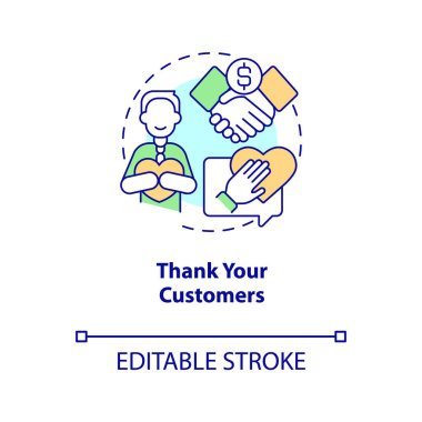 Müşteri konsepti ikonuna teşekkür et. Minnettarlığını göster. Fiyatları yükseltme taktiği soyut fikir ince çizgi çizimi. İzole bir taslak çizim. Düzenlenebilir felç. Arial, Myriad Pro-Kalın yazı tipleri
