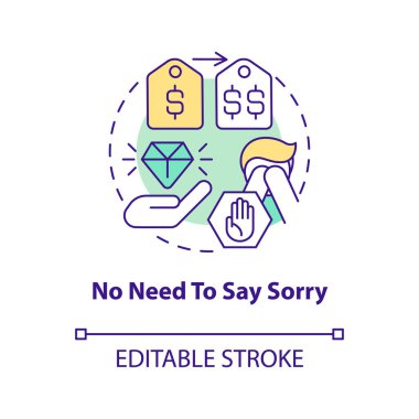 Özür dilemeye gerek yok. Müşterileri kaybetmeden fiyatları yükseltmek soyut fikir ince çizgisi çizimi. İzole bir taslak çizim. Düzenlenebilir felç. Arial, Myriad Pro-Kalın yazı tipleri