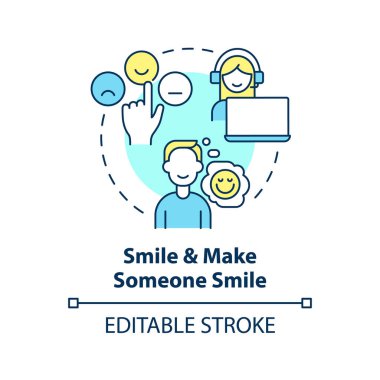 Birinin konsept ikonu gülümsemesini sağla. Müşteri hizmetlerinin soyut ve ince çizgili çizgilerinde pozitif tavır takının. İzole bir taslak çizim. Düzenlenebilir felç. Arial, Myriad Pro-Kalın yazı tipleri
