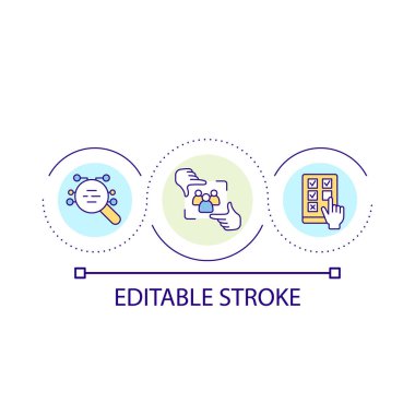 Sosyal anket döngüsü konsepti simgesi. Hedef kitle. Fikir ve geri bildirim. Soyut fikir anketi ince çizgi çizimi. İzole bir taslak çizim. Düzenlenebilir felç. Kullanılan Arial yazı tipi