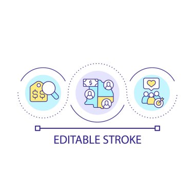 Fiyat strateji döngüsü konsepti simgesi. Ticaret ve perakende. Memnun müşteriler. Ürün maliyeti soyut fikir ince çizgi çizimi. İzole bir taslak çizim. Düzenlenebilir felç. Kullanılan Arial yazı tipi