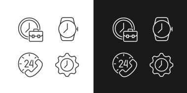 Karanlık, aydınlık mod için mükemmel doğrusal simgelerin piksel piksellerini izle. Çalışma saatleri. Bilek saati. 24 saat destek. Gece ve gündüz teması için ince çizgi sembolleri. İzole çizimler. Düzenlenebilir vuruş